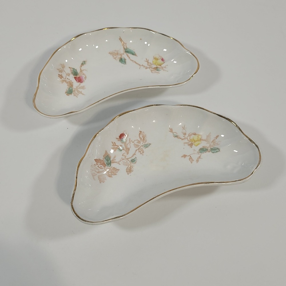 Anchor Pottery Trenton NJ Vintage Bone Dishes Crescent Floral Gold Trim Set of 2